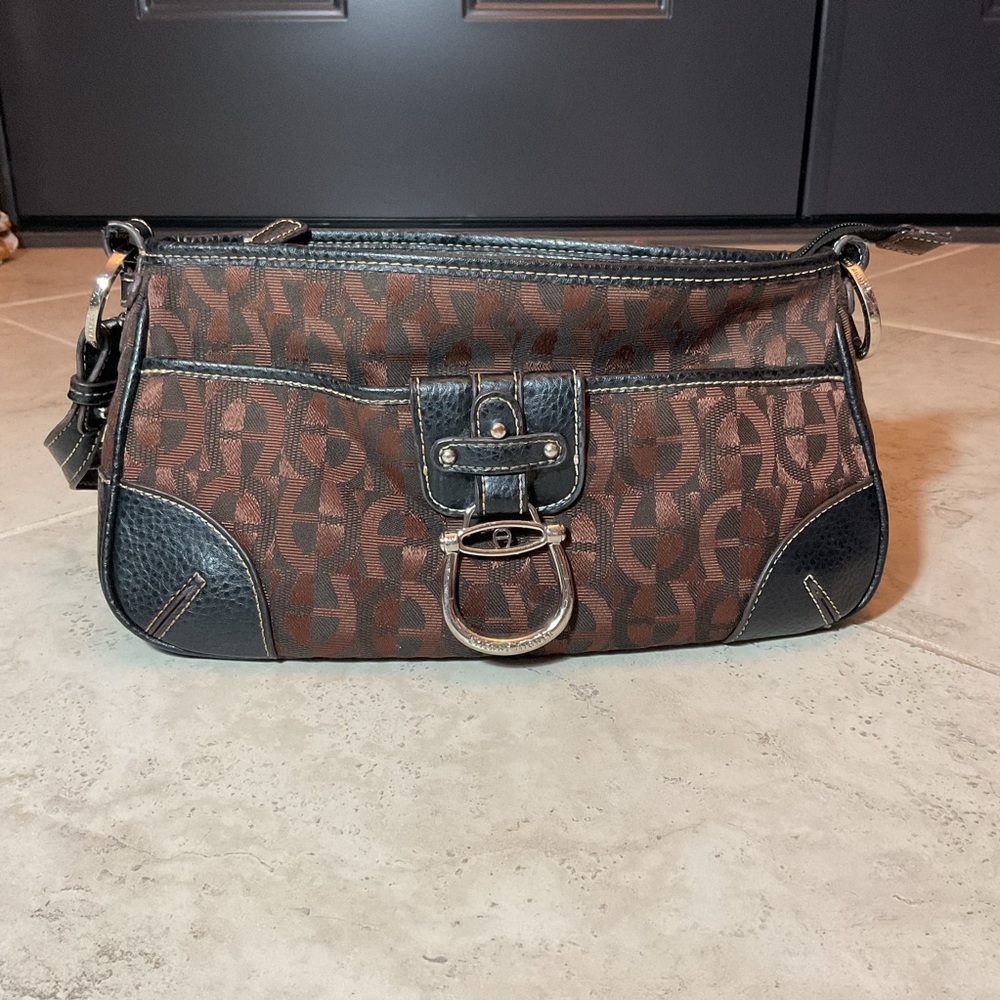 Etienne Aigner monogram brown & black canvas w leather shoulder bag, boho, V2K